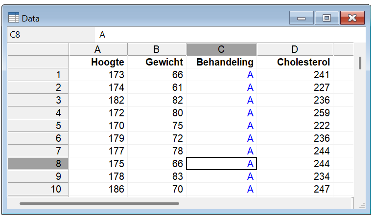 MedCalc spreadsheetvenster